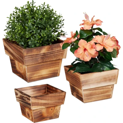 Afbeelding van Relaxdays plantenbak hout set van 3 bloembak bloempot tuindecoratie plantenpot