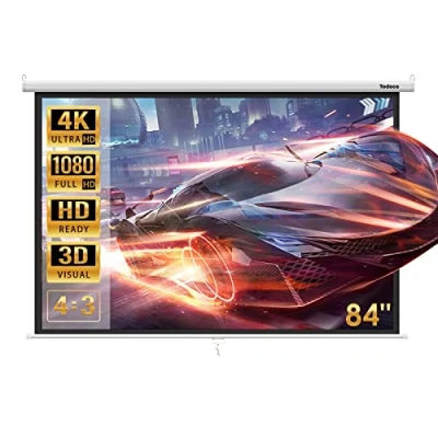 Afbeelding van Todeco Projectiescherm 84 inch, handmatig oprolbaar, wand of plafondbevestiging, voor thuisbioscoop en bedrijf, 128 x 170 cm, formaat 4:3, HD 4K 3D