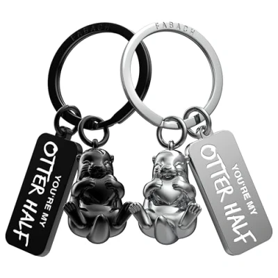 Afbeelding van FABACH Liefdessleutelhanger voor koppels 2 otters met hart I love you sleutelhanger cadeau vriendin paar liefdesgeschenken verjaardag, Zwart en zilver, Modern