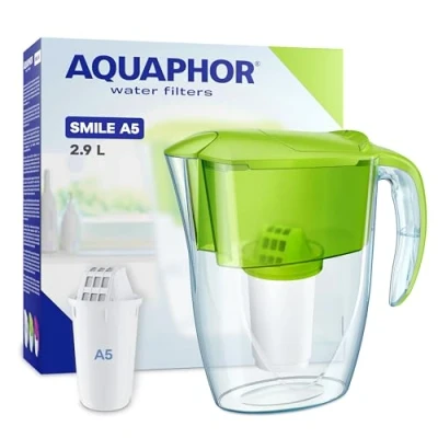 Afbeelding van AQUAPHOR Smile filterkaraf, ruimtebesparend, licht, voor koelkastdeur, inhoud 2,9 l, inclusief 1 x A5 filter van 350 liter, vermindert kalk chloor en microplastic, groen