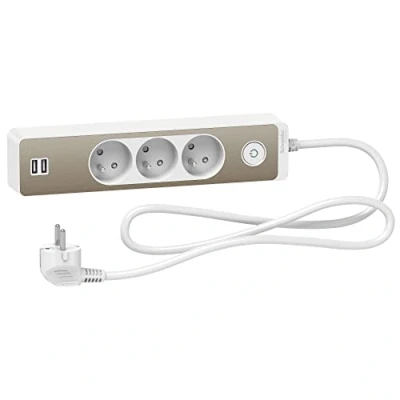 Afbeelding van Schneider Electric Odace ST933U1WB verlengkabel 3 stopcontacten 2P+T wit/brons 2USB 1,5 m