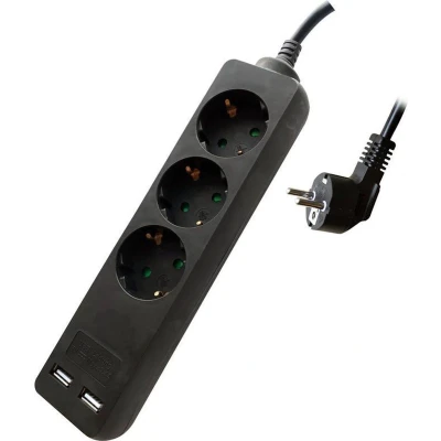Afbeelding van V TAC VT 1125 2 3 voudige stekkerdoos Zwart USB IP20 1,5 m kabel