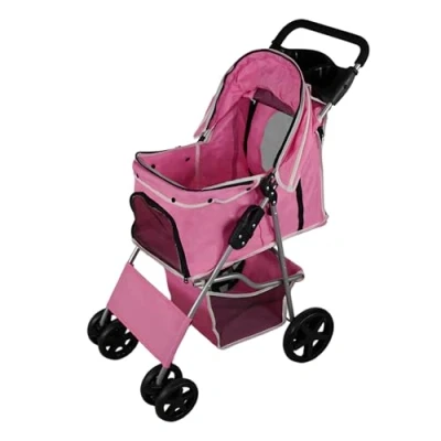 Afbeelding van Monster Shop Roze Hondenbuggy Opvouwbaar Beschermende Regenhoes 15kg Draagvermogen Veiligheidssnaphaak Mand &amp; Bekerhouders