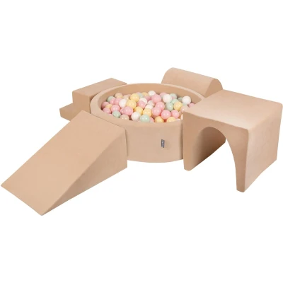 Afbeelding van KiddyMoon Foam speeltuin VELVET PPZP OK30V 125 met ballen zand beige: pastel beige pastelgeel wit mint poederroze 200 zwembad/club L/klim/tunnel/trap