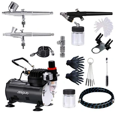 Afbeelding van SAGUD airbrush set met compressor, pistool 3 airbrush, 0,2 mm, 0,3 0,8 mondstuk en naald voor hobby, modelbouw, nagels, professionele starterset