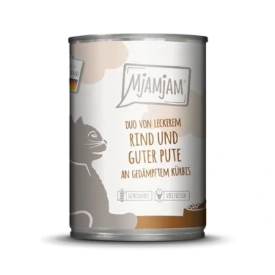Afbeelding van 6x400g MjAMjAM Duo heerlijk rund &amp; goede kalkoen op gestoomde pompoen nat kattenvoer