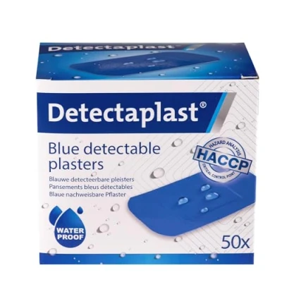 Afbeelding van Detectaplast blauwe pleisters Universal, metaaldetecteerbare, waterdichte en vuilwerende sensitive, voor de voedingsindustrie, catering grootkeuken, 50 x 72 mm, stuks