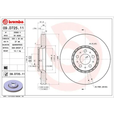 Afbeelding van BREMBO 09.D725.11 Remschijf 328 30 5 interne ventilatie Gecoat High carbon VOLVO: XC90 I