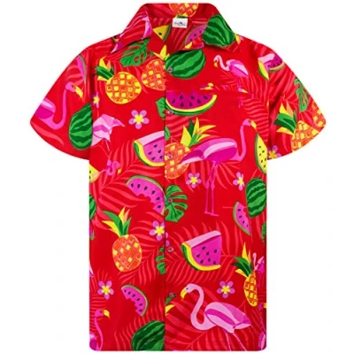 Afbeelding van King Kameha Hawaiiaans Overhemd Hawaii Shirt Heren Korte Mouw Voorvak Hawaiian Afdrukken Flamingo Meloen, Melon Rood, M