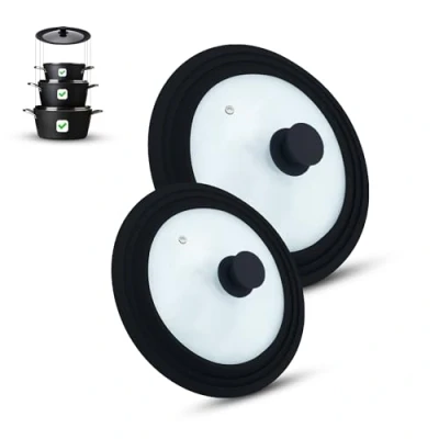 Afbeelding van M.S.N 2 stuks universele glazen deksels, delig, 16/18/20 cm en 24/26/28 cm, met uitlaatventiel siliconen rand (zwart, cm)