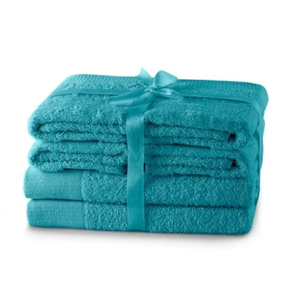 Afbeelding van AmeliaHome Amari Set van 4 handdoeken, turquoise, 50 x 100 cm en 2 badhanddoeken 70 140 cm, 100% katoen, absorberende kwaliteit
