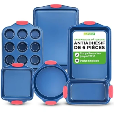 Afbeelding van NutriChef 6 delige bakvormset Deluxe Antiaanbak Blauwe Coating Binnen en Buitenkant Koolstofstalen Bakvormen met Rode Siliconen Handgrepen, Duurzaam &amp; Betrouwbare Koek Muffinplaat Ovenplaat