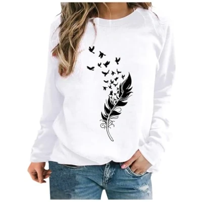 Afbeelding van dames sweatshirt zonder capuchon, chique veerprint, sweatshirt, lange mouwen, en elegante ronde hals, dames, grote maat, wit, L, Wit.