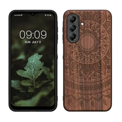 Afbeelding van kwmobile telefoonhoesje geschikt voorSamsung Galaxy A26 5G Hoesje met bumper hout In donkerbruin Indian Sun design