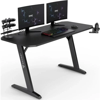 Afbeelding van SENSE7 Nomad Basic Gaming bureau, 140 x 60, pc bureau met hoofdtelefoonhaak, bekerhouder, controllerhouder, gamingbureau koolstofvezeloppervlak, ergonomisch