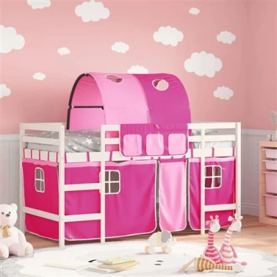 Afbeelding van vidaXL Kinderhoogslaper met tunnel 80x200 cm massief grenenhout roze