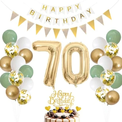 Afbeelding van Decoratieve ballon voor de 70e verjaardag saliegroen, folieballon in vorm van een cijfer 70, man vrouw