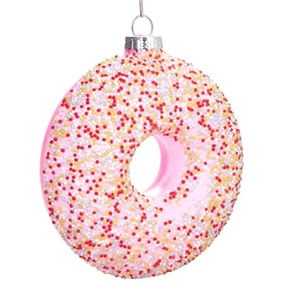 Afbeelding van BRUBAKER Donut met Hagelslag Roze Handbeschilderde Kerstballen van Glas Handgeblazen Kerstboomversieringen Figuren Grappige Decoratieve Hangers Boombal 10 cm