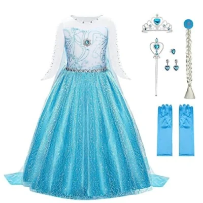 Afbeelding van URAQT jurk, prinsessenjurk voor meisjes, jurk kostuum en accessoires, Kerstmis, Halloween, verjaardag, cosplay kroon, toverstaf, Lichtgroen