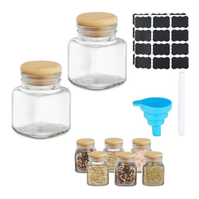 Afbeelding van Relaxdays kruidenpotje set van 8 met trechter en etiketten 100 ml glazen potje