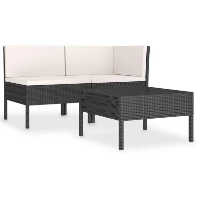 Afbeelding van 3 delige Loungeset met kussens poly rattan zwart
