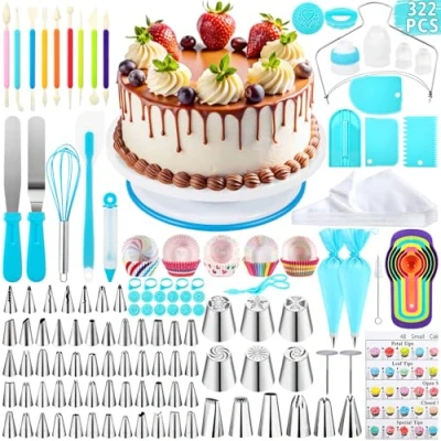 Afbeelding van ROELLY 322 delige taartaccessoireset, roterende taartvorm, taartdecoratieaccessoires, met verschillende stijlen tips voor decoreren, bakken, maken