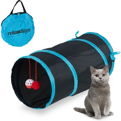 Afbeelding van Relaxdays kattentunnel met speelgoed speeltunnel katten 48 cm lang polyester zwart