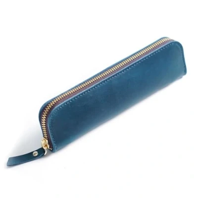 Afbeelding van DONGKER Vintage leren etui met 4 pennenlussen en ritssluiting voor pen, penseel enz., Blauwe pan, Stijlvol/klassiek