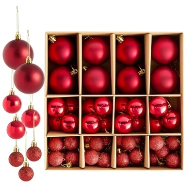 Afbeelding van THE TWIDDLERS 50 Pack robijn rode kerstballen diverse maten en afwerkingen 6cm, 4cm, 3cm Matte, glanzende glitter ornamenten voor kerstboomdecoraties