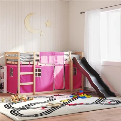 Image de vidaXL Lit superposé avec toboggan et rideaux rose 80x200 cm