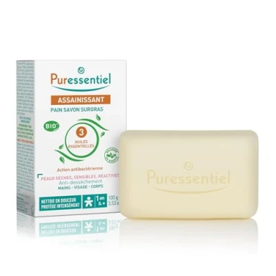Image de Puressentiel Savon Pain Surgras aux 3 Huiles essentielles BIO Antibactérien Visage, Mains et Corps Peaux Sèches, Sensibles Réactives Nettoie &amp; Protège 100g