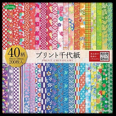 Afbeelding van origami papier, geschenkdoos van papier met motief (Chiyogami), Chiyogami print, 40 verschillende motieven, 5 vellen elk motief, in totaal 200 vellen, 15 cm x
