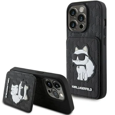Afbeelding van Karl Lagerfeld Saffiano Kaartslots en Standaard Monogram Choupette Case voor iPhone 15 Pro Zwart