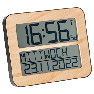 Afbeelding van TFA Dostmann Timeline Max 60.4512 Digitale radiografische wandklok met weekdag en wekfunctie, 258 x 30 (120) 212 mm (l b h) (houtlook)