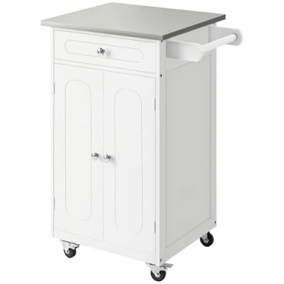 Afbeelding van HOMCOM Keukenwagen met wieltjes, meerdere vakken, 1 lade, 2 deuren, plank, theedoekhouder, MDF, zwart, roestvrij staal (wit)