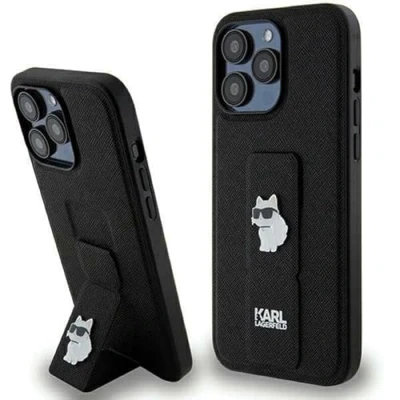 Afbeelding van Karl Lagerfeld Gripstand Saffiano Choupette Pins Case voor iPhone 13 Pro / Zwart