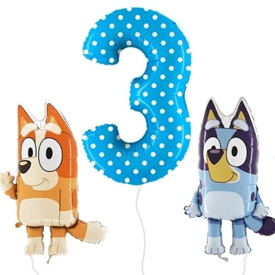 Afbeelding van Toyland® Bluey &amp; Bingo 2 stuks folieballonnen 80 cm en 1 x 101 gestippelde cijferballon kinderfeestdecoraties