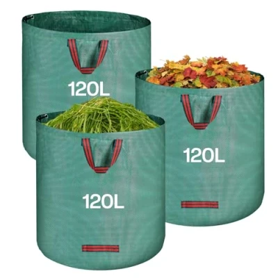 Afbeelding van QOEOTUY Tuinafvalzakken, 3 x 120 liter, opvouwbare tuinafvalzakken met handgrepen, tuinbladeren, waterdicht, polypropyleen (PP), herbruikbaar