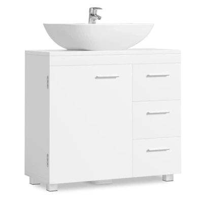 Afbeelding van VASAGLE Wastafelmeubel, badkamermeubel, 3 zijladen, 2 vakken achter de deur, voor wastafels op kolom, met poten, 30 x 70 64 cm, wolkenwit BBK504W01