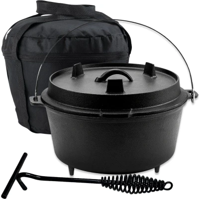 Afbeelding van KitchenMonster® Dutch Oven Kookpan Gietijzeren Pan Ø25.5 met Deksel 5 Liter Grillpan Braadpan Gietijzer Zwart
