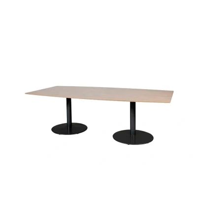 Afbeelding van Linesto 240x120cm tonvormige vergadertafel op vaste hoogte (74cm) met havana/ kersen licht 25mm blad en zwarte (RAL9005) trompetvoeten