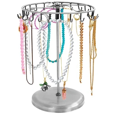 Afbeelding van Belle Vous Zilver Metalen Roterende Sieraden Houder Display Standaard (23 Haken) H34,8 x B20,5 cm Hang Organizer Toren Rek Opslag Voor Kettingen &amp; Armbanden, Ringen Oorbellen