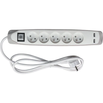 Afbeelding van Perel contactdoos met 5 stopcontacten, 2 USB en schakelaar, 1,5 m, wit/grijs, voor NL