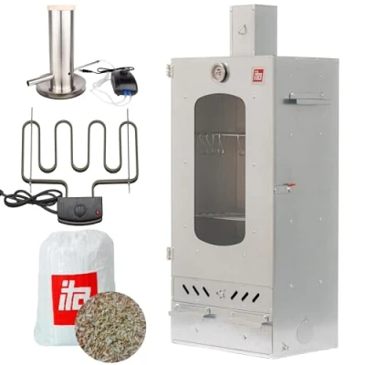 Afbeelding van ITA Elektrische rookoven, 7012, smokerset met verwarming, rookgenerator, kast raam en open haard, gelegeerd staal, EU kwaliteit, directe fabrikant, 81 cm 3 niveaus