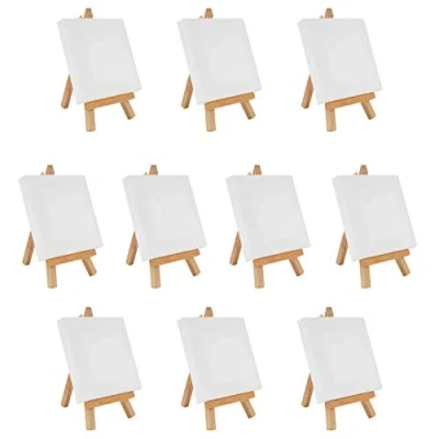 Afbeelding van Belle Vous 10 Pak Mini Kunst Canvas met Houten Ezel L10 x B10 cm Voorgerekt en Blank Gegrondverfd Tafel Top Ezels Voor Olie Acryl Verf &amp; Tekenen Kinderen