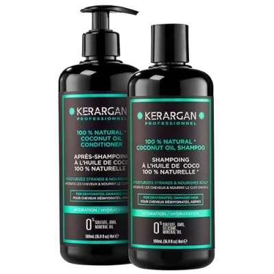 Image de Kerargan Duo Hydratant Shampoing &amp; Après à l’Huile de Coco pour Cheveux Déshydratés et Abîmés Nourrit le Cuir Chevelu Sans Sulfate, GMO, Silicone, Huile Minérale 2x500 ml