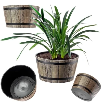 Afbeelding van KADAX bloempot, vatdesign, van hout, diameter 50 cm, weerbestendig kunststof, voor tuin, terras en balkon, ook geschikt als decoratieve bloembak