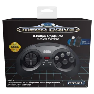 Image de Retrobit Sega Mega Drive Manette 8 boutons sans fil 2.4Ghz Dongle USB/Port d&#039;Origine inclus Edition Noir