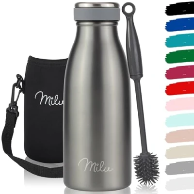 Afbeelding van Milu Roestvrijstalen drinkfles, 350 ml, 500 750 1000 1,5 l, thermosfles, geïsoleerde waterfles, dubbelwandig, lekvrij, geschikt voor koolzuur (grijs, ml)