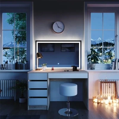 Afbeelding van Vicco Make uptafel set met kruk Sherry, Wit/Sonoma, 120 cm LED spiegel en krukje